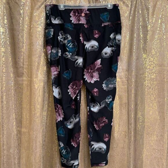Livi Active Lane Bryant PowerBand Black Floral Leggings Purple Teal XL 14/16 - Picture 2 of 5